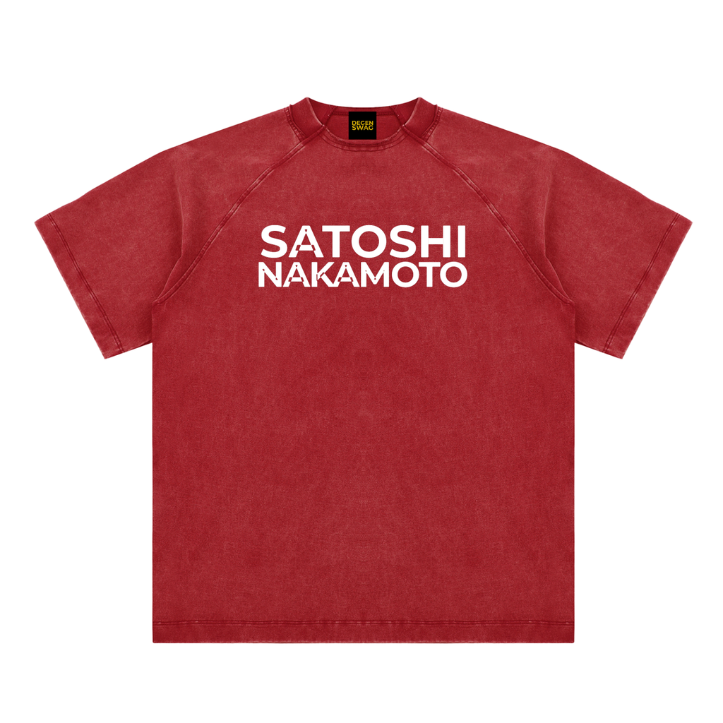 Satoshi Vintage Washed Cotton T-Shirt White Print - Degen Swag