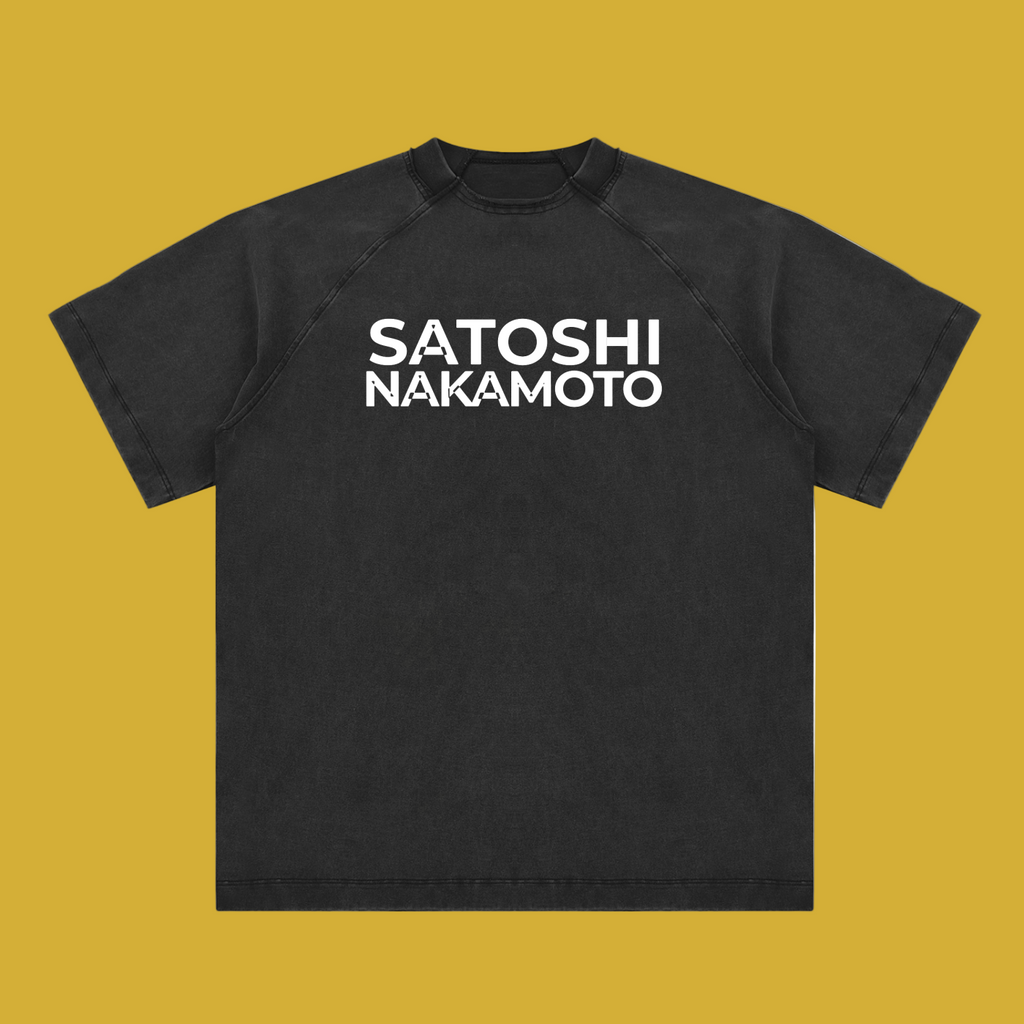 Satoshi Vintage Washed Cotton T-Shirt White Print - Degen Swag