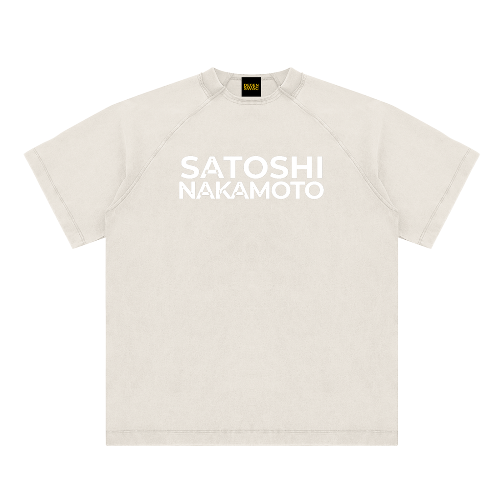 Satoshi Vintage Washed Cotton T-Shirt White Print - Degen Swag