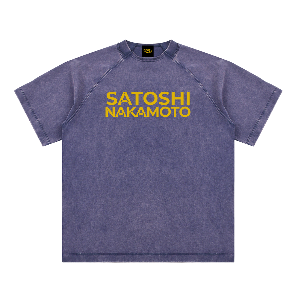 Satoshi Vintage Washed Cotton T-Shirt Gold Print - Degen Swag